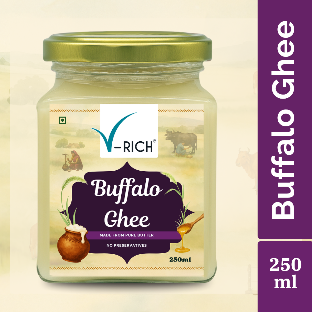 V-RICH Buffalo Ghee  | Pure Desi Ghee from Buffalo Milk | Traditional Method | No Preservatives or Additives | Pure & Organic Ghee for Boosts Immunity, Rich in Antioxidants, Supports Bone Health | Glass Jar