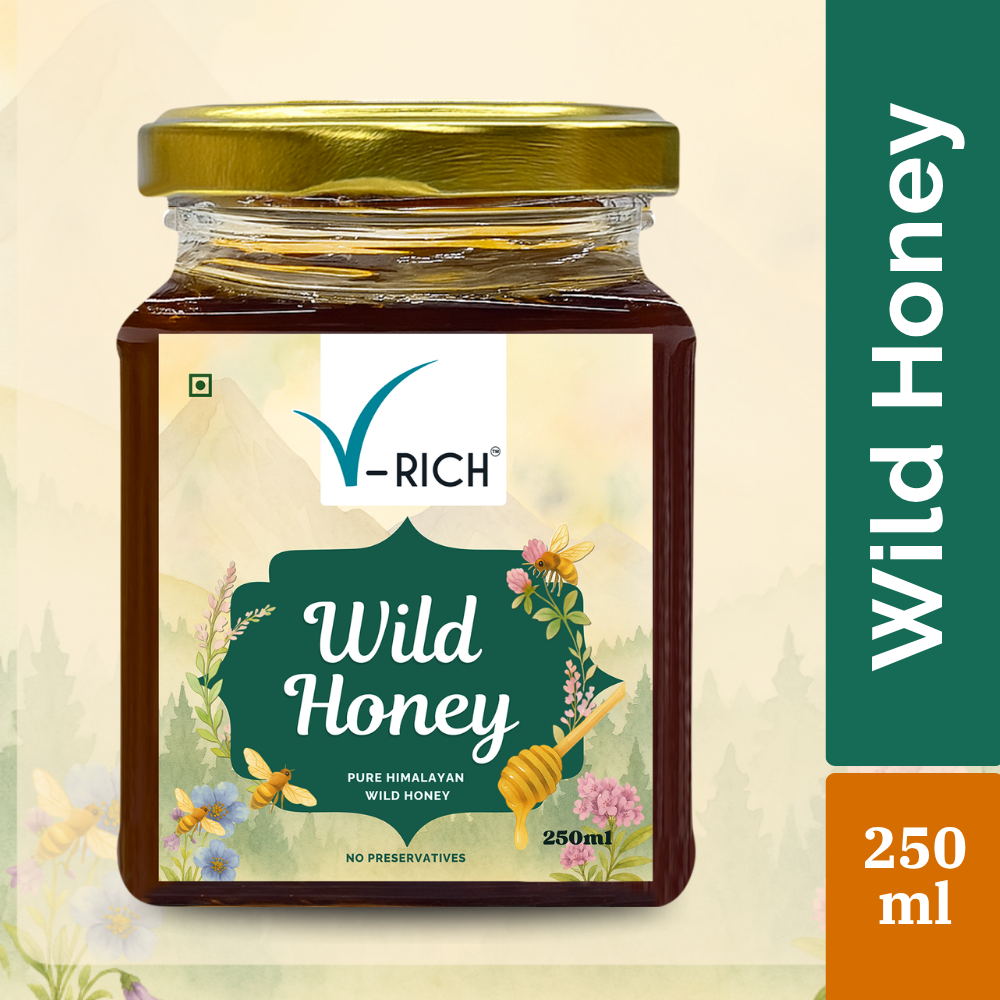 V-RICH Himalayan Wildflower Honey 250ml | Raw, Unprocessed & Natural Honey | Pure Forest Honey | No Added Sugar, No Preservatives | Rich in Antioxidants, Immunity Booster | Healthy Sugar Substitute