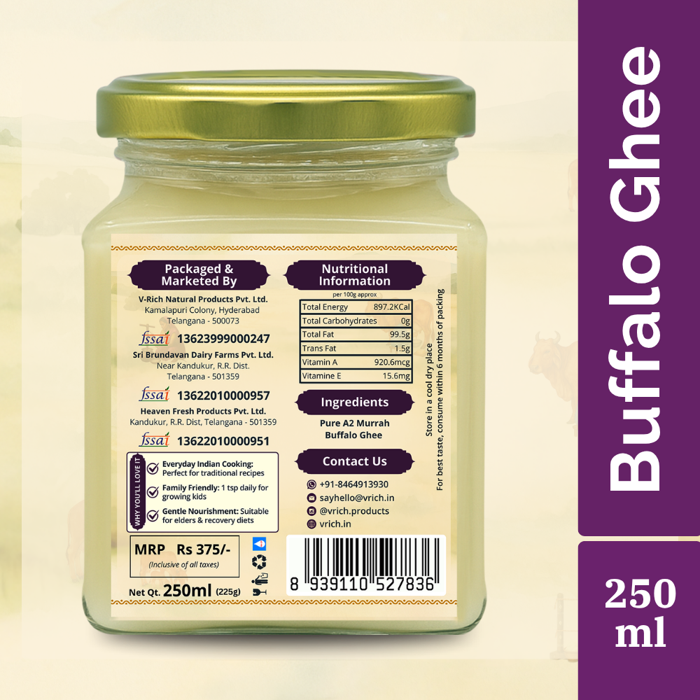 V-RICH Buffalo Ghee  | Pure Desi Ghee from Buffalo Milk | Traditional Method | No Preservatives or Additives | Pure & Organic Ghee for Boosts Immunity, Rich in Antioxidants, Supports Bone Health | Glass Jar