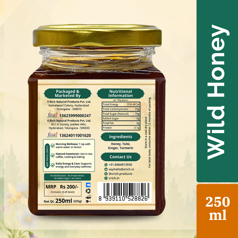 V-RICH Himalayan Wildflower Honey 250ml | Raw, Unprocessed & Natural Honey | Pure Forest Honey | No Added Sugar, No Preservatives | Rich in Antioxidants, Immunity Booster | Healthy Sugar Substitute
