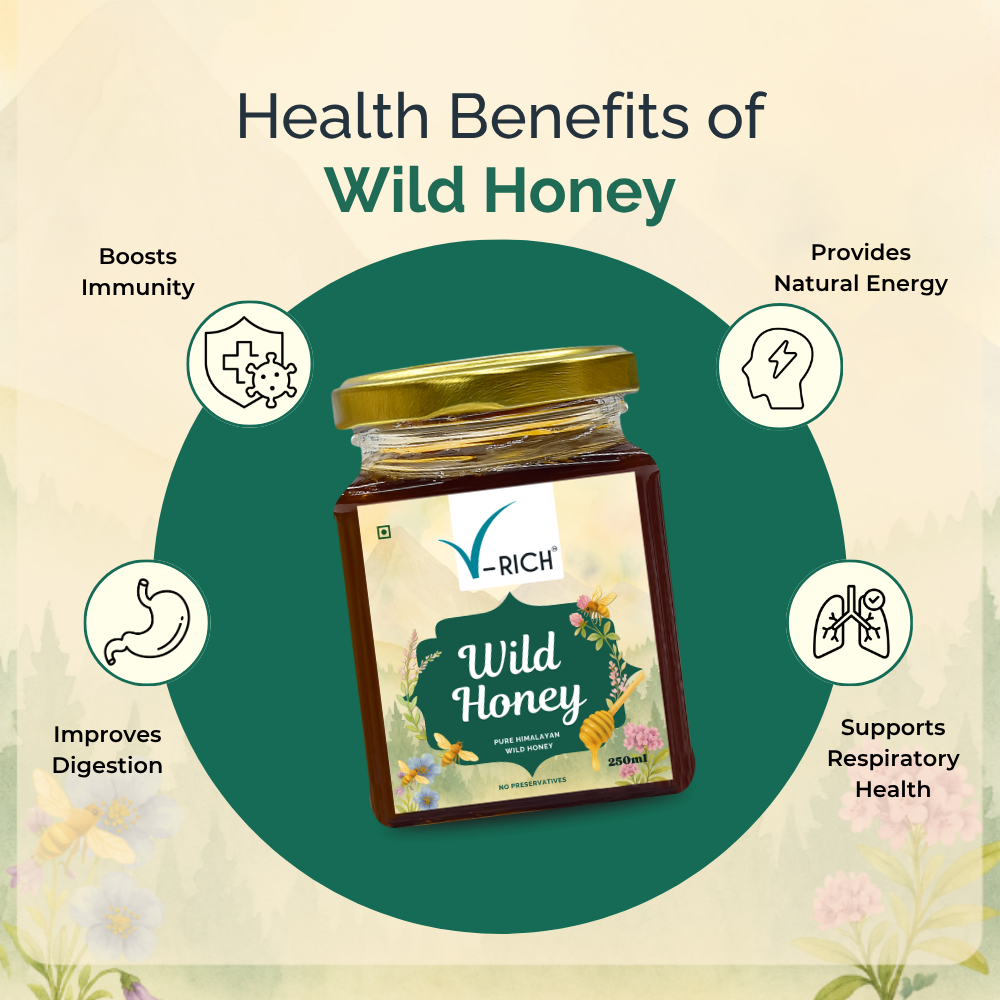 V-RICH Himalayan Wildflower Honey 250ml | Raw, Unprocessed & Natural Honey | Pure Forest Honey | No Added Sugar, No Preservatives | Rich in Antioxidants, Immunity Booster | Healthy Sugar Substitute