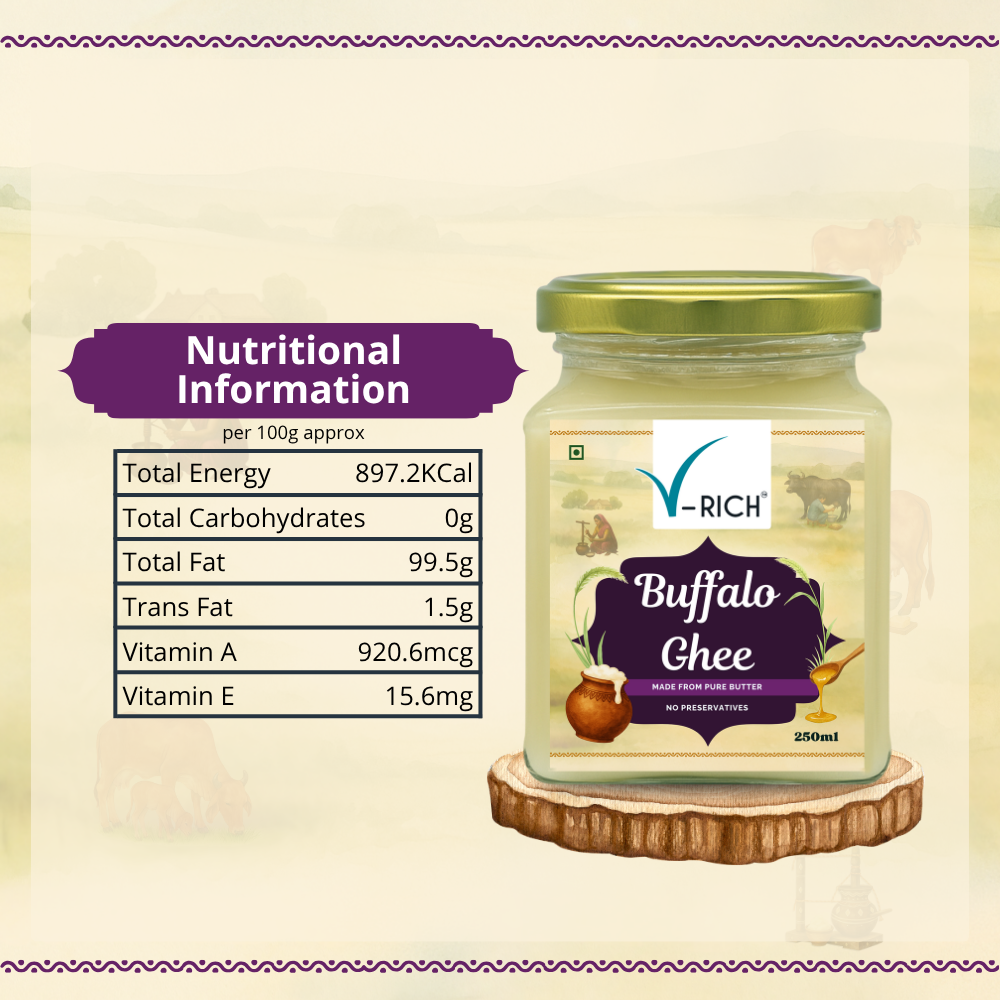 V-RICH Buffalo Ghee  | Pure Desi Ghee from Buffalo Milk | Traditional Method | No Preservatives or Additives | Pure & Organic Ghee for Boosts Immunity, Rich in Antioxidants, Supports Bone Health | Glass Jar