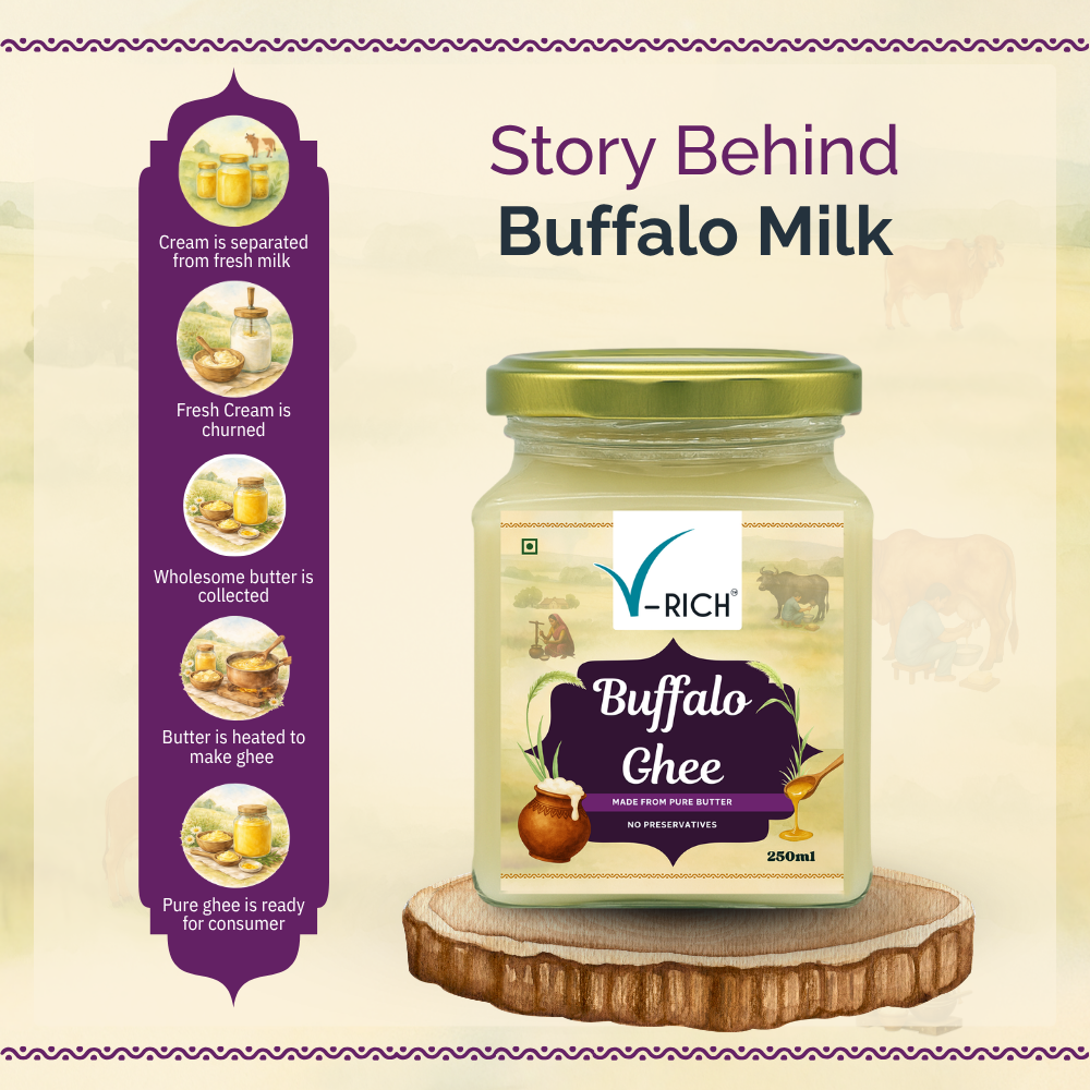 V-RICH Buffalo Ghee  | Pure Desi Ghee from Buffalo Milk | Traditional Method | No Preservatives or Additives | Pure & Organic Ghee for Boosts Immunity, Rich in Antioxidants, Supports Bone Health | Glass Jar