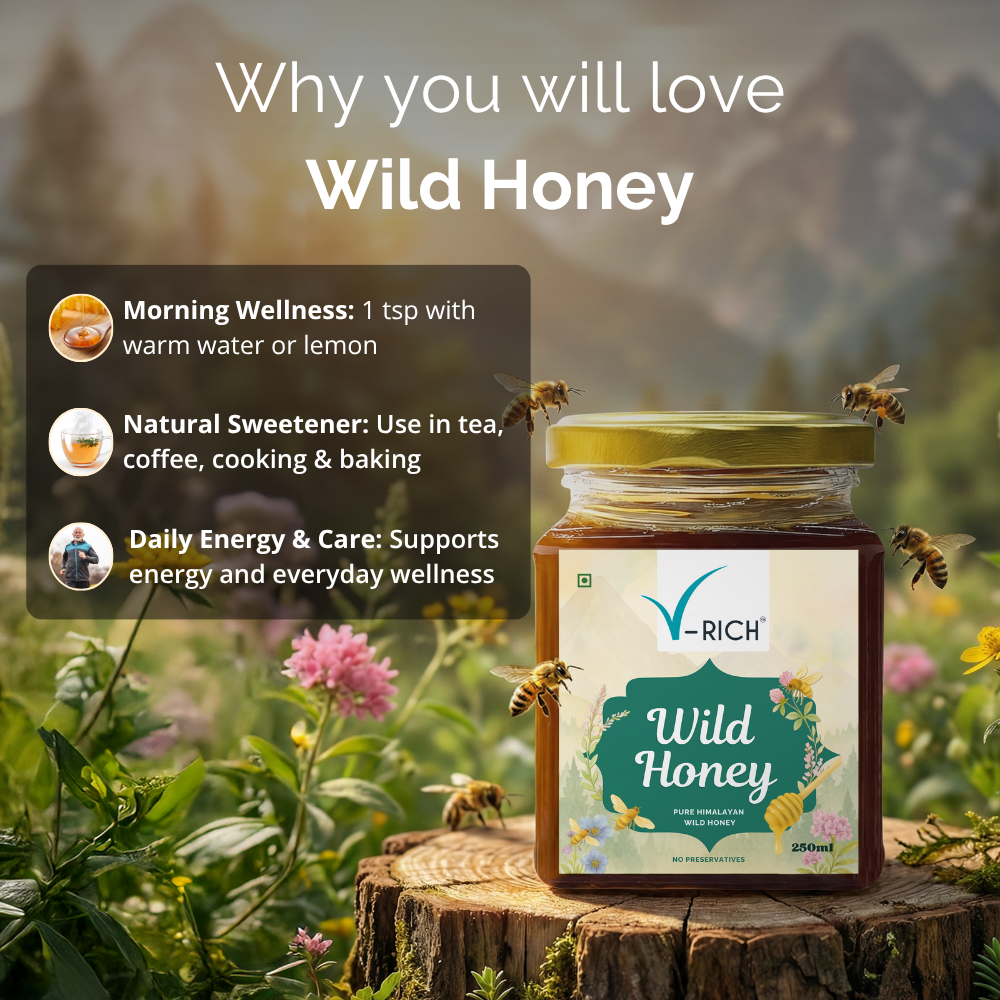 V-RICH Himalayan Wildflower Honey 250ml | Raw, Unprocessed & Natural Honey | Pure Forest Honey | No Added Sugar, No Preservatives | Rich in Antioxidants, Immunity Booster | Healthy Sugar Substitute