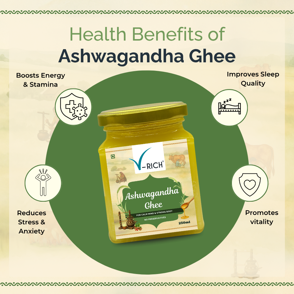 V-Rich Ashwagandha Ghee jar with health benefits listed on a green and beige background