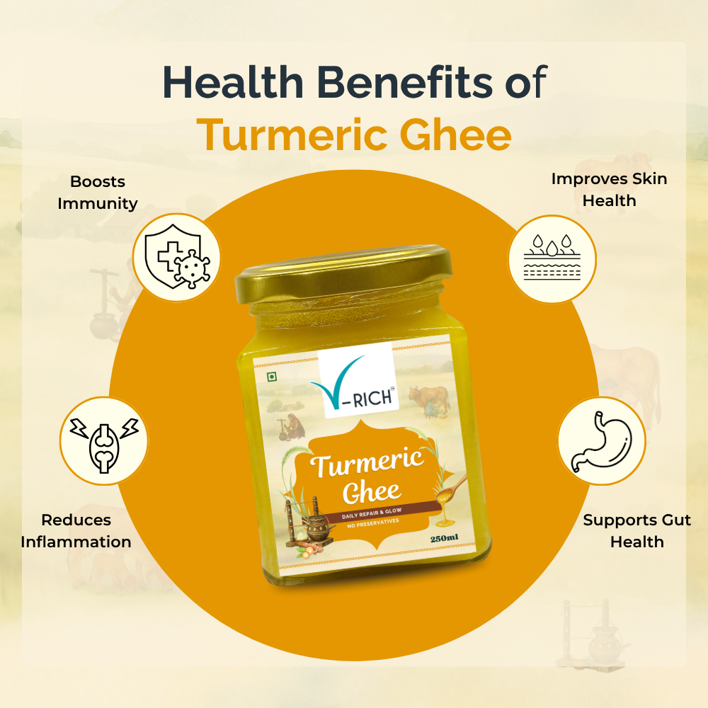 Jar of V-Rich Turmeric Ghee with health benefits listed on a beige background
