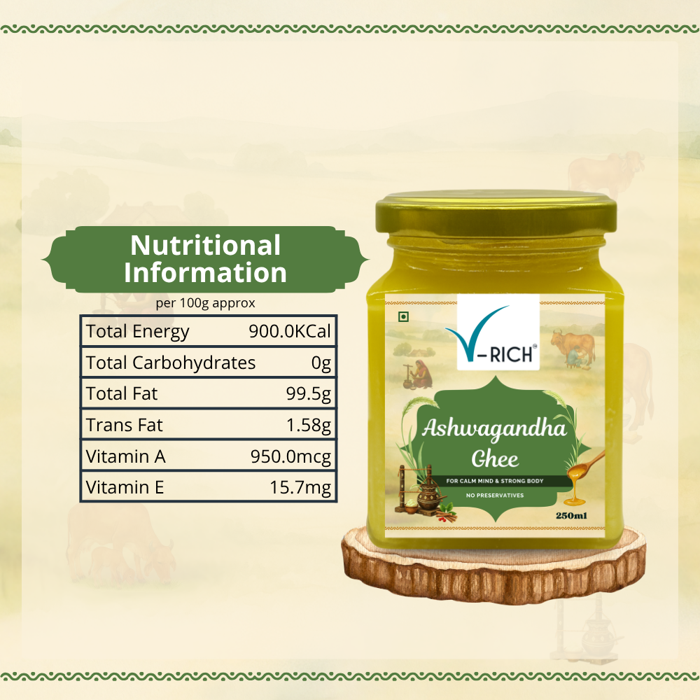 V-Rich Ashwagandha Ghee jar with nutritional information on a beige background