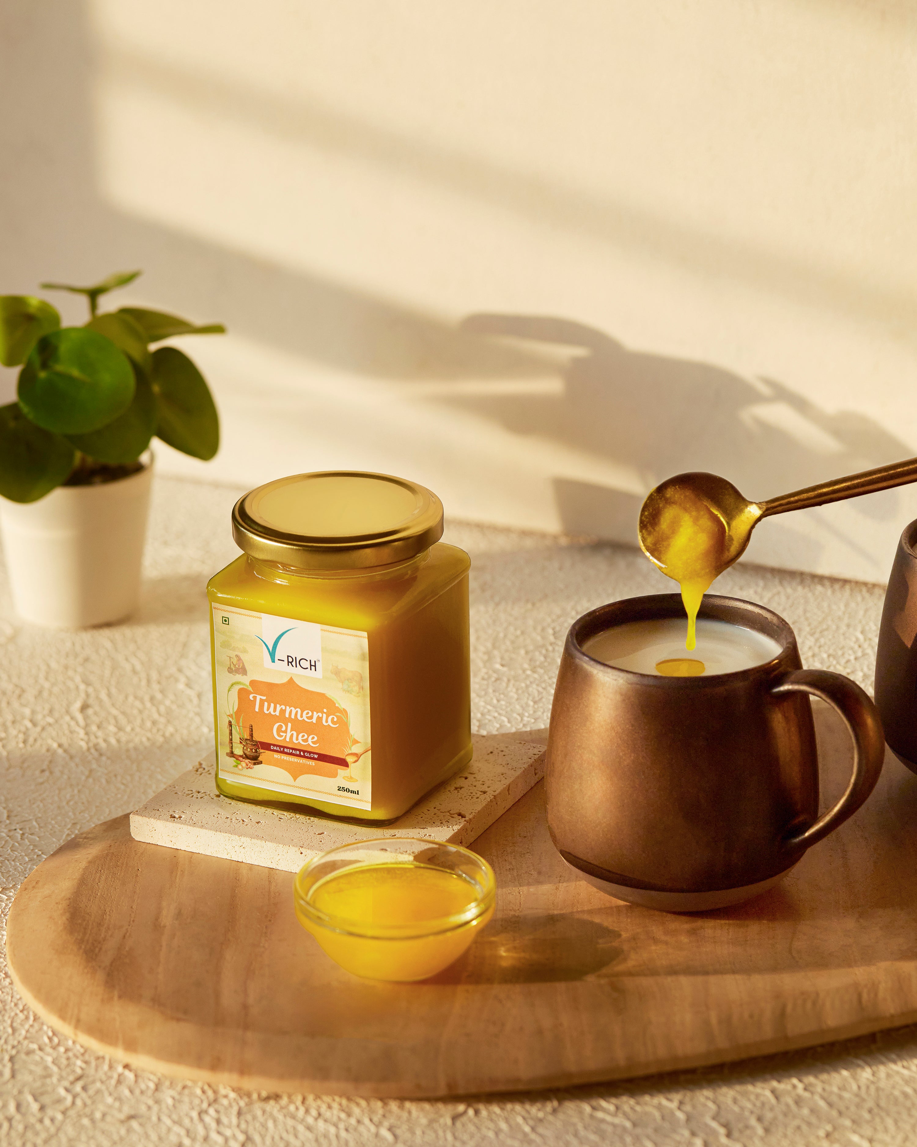 V-RICH Turmeric Ghee  | A2 Cow Desi Ghee with Haldi | Pure & Natural Ghee for Daily Cooking | Rich Aroma & Flavor | Anti-Inflammatory, Antioxidant-Rich | No Preservatives, Pure, Fresh & Clean Ingredients | Glass Jar