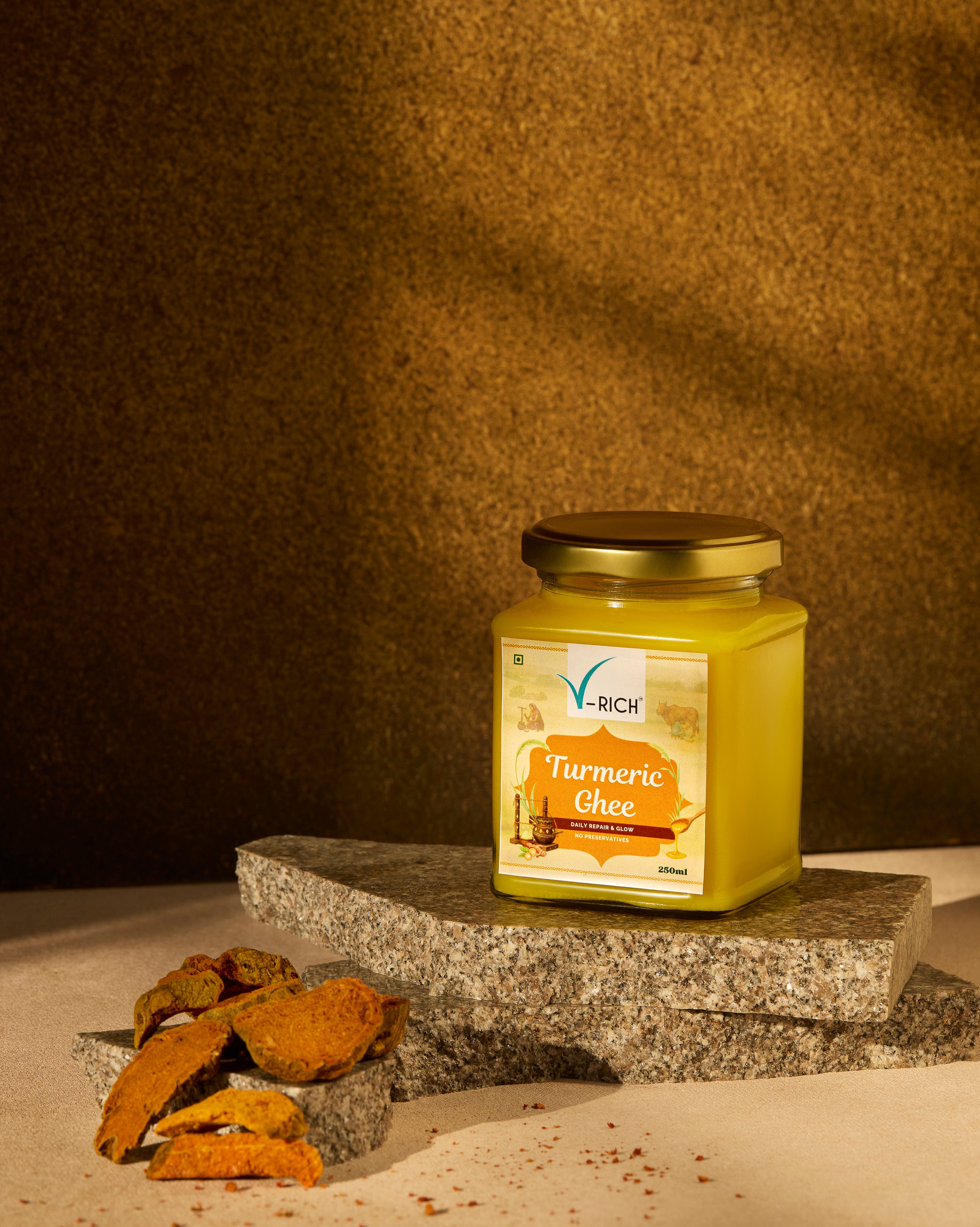 V-RICH Turmeric Ghee  | A2 Cow Desi Ghee with Haldi | Pure & Natural Ghee for Daily Cooking | Rich Aroma & Flavor | Anti-Inflammatory, Antioxidant-Rich | No Preservatives, Pure, Fresh & Clean Ingredients | Glass Jar