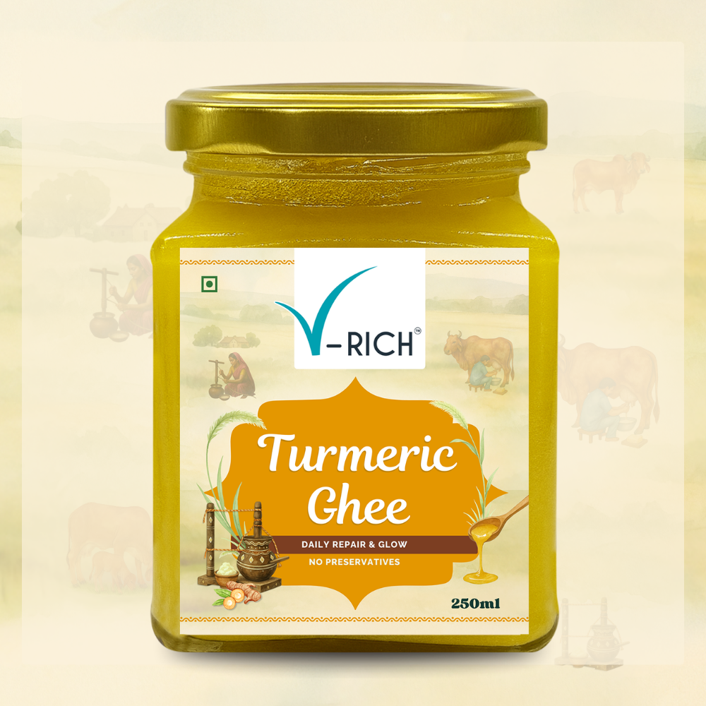 Jar of V-Rich Turmeric Ghee on a beige background