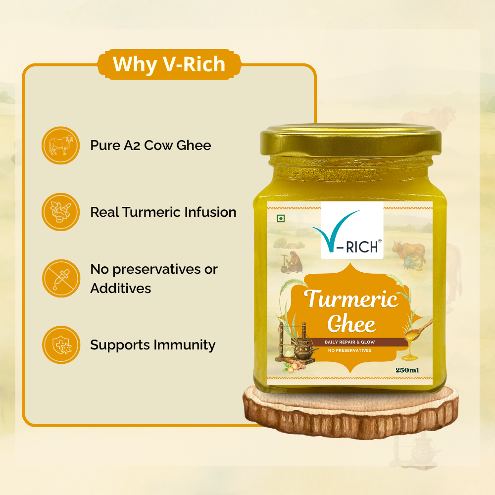 V-Rich Turmeric Ghee jar with product features on a beige background