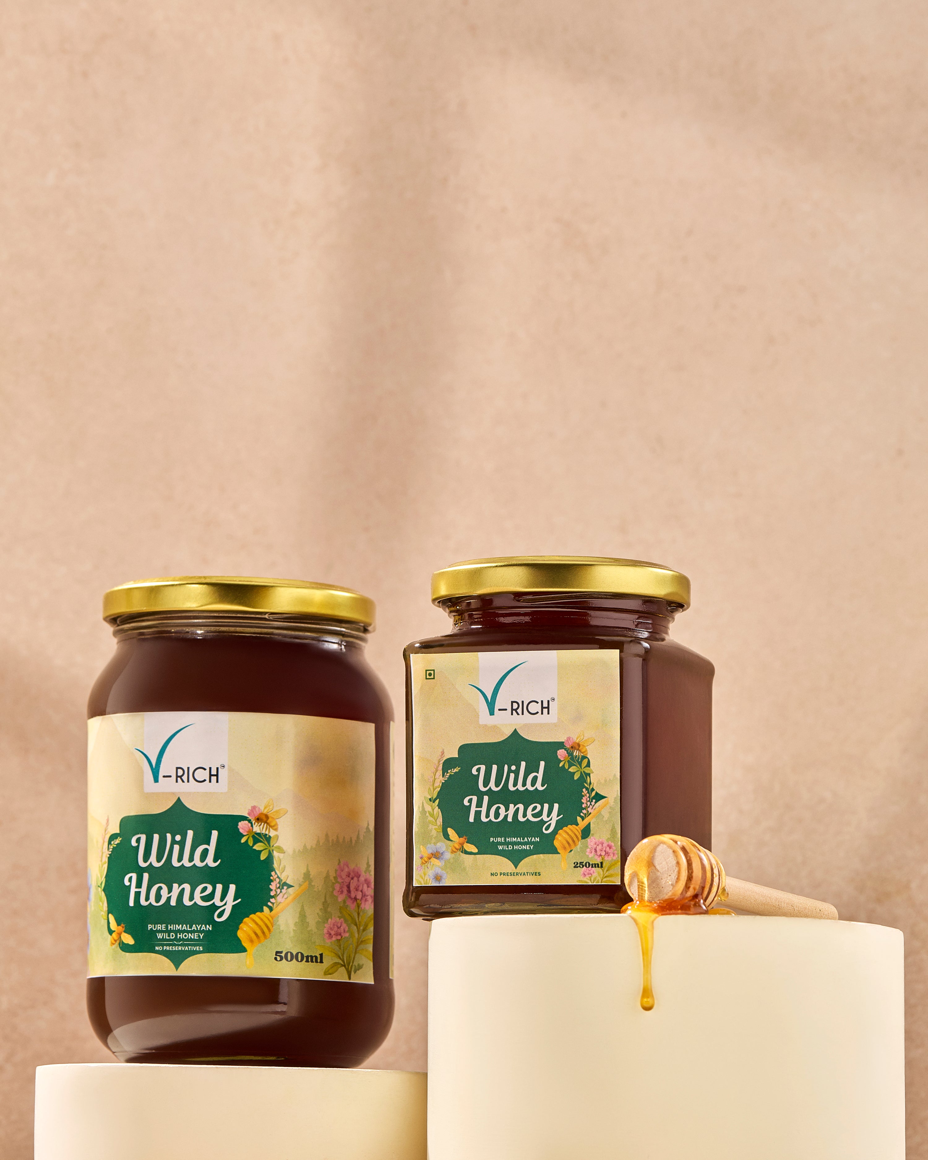 V-RICH Himalayan Wildflower Honey 250ml | Raw, Unprocessed & Natural Honey | Pure Forest Honey | No Added Sugar, No Preservatives | Rich in Antioxidants, Immunity Booster | Healthy Sugar Substitute