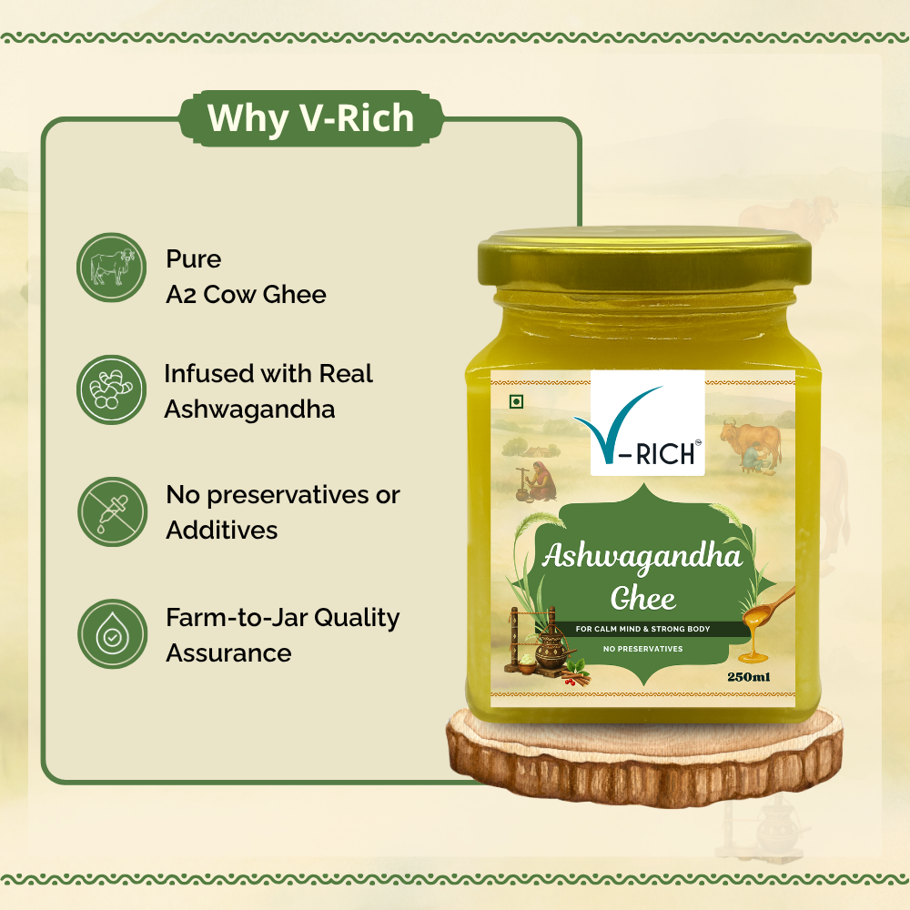Jar of V-Rich Ashwagandha Ghee with product features listed on a green and beige background