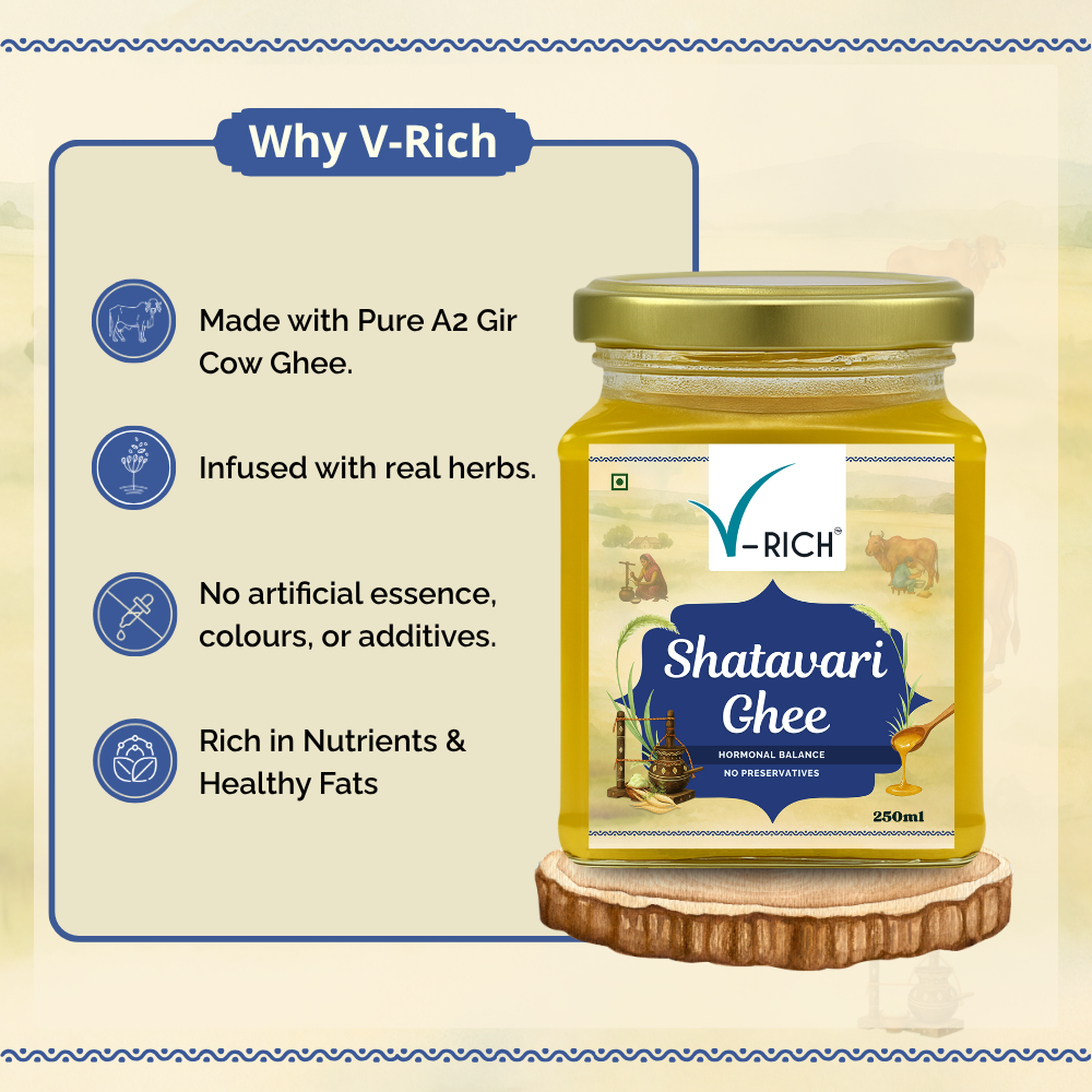 V-Rich Shatavari Ghee jar with product features on a beige background
