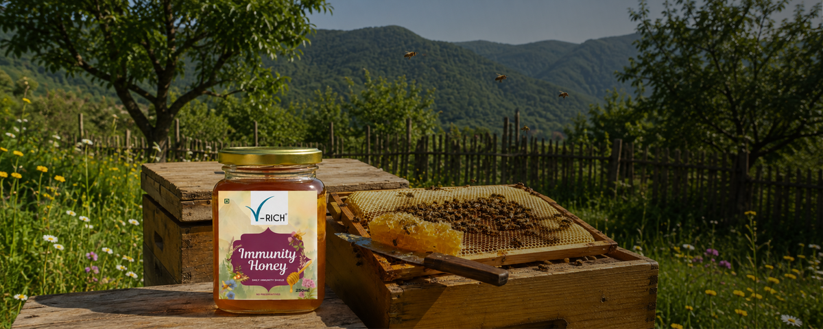 Immunity Honey jar beside a wild honey hive